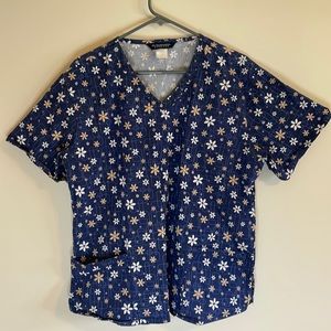 NU Dimension Stretch Womens Large Scrubs Navy Blue with White and Tan Floral